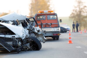 Wrecked car on road after accident