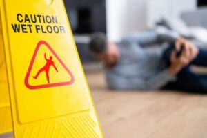 Slip Fall Accident. Floor Sign Caution